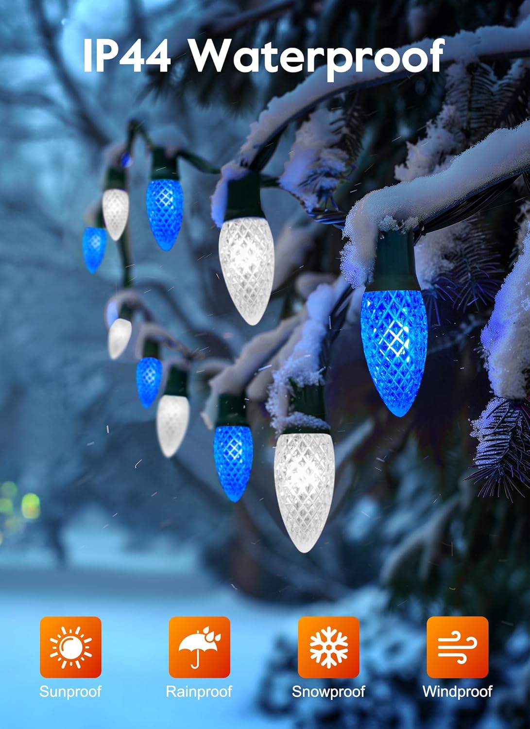 Outdoor Christmas Lights - 100 Ft LED String Lights with Blue & White Strawberry C9 Bulbs, Waterproof Connectable UL Certified for Indoor/Outdoor Use