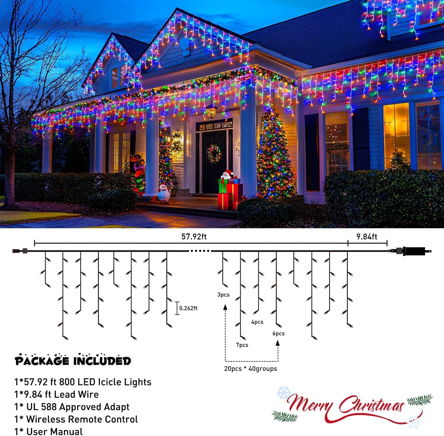 JMEXSUSS 800 LED Christmas Icicle Lights Outdoor Plug-in, Multicolor Waterproof, 8 Modes With 160 Drops for Bedroom House Holiday Party Decorations