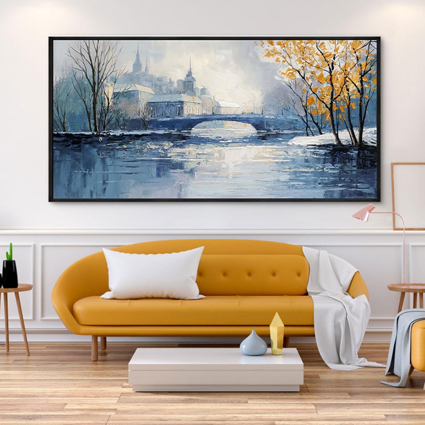 yiijeah Paintings Wall Decor - Wall Frames for Living Room Decorations Abstract Canvas Wall Art Blue and White Extra Large Artwork for Bedroom Office Home Decoration