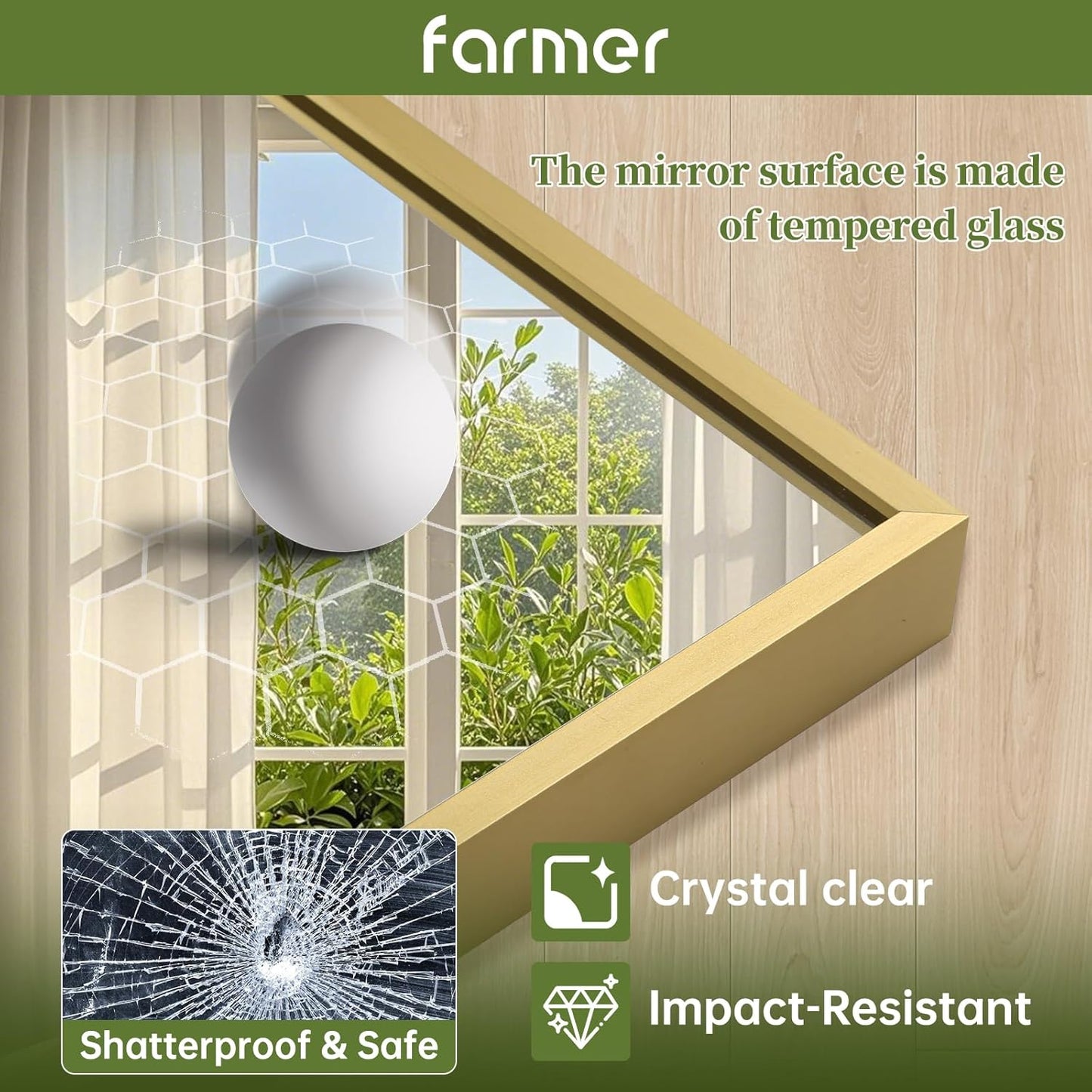 FARMER 20x28 Inch Gold Bathroom Mirror, Rectangle Wall Mounted Mirror, Vanity Mirror, Brushed Square Mirror, Framed Bathroom Mirror for Bedrooms, Entryways, Living Rooms, Horizontal/Vertical