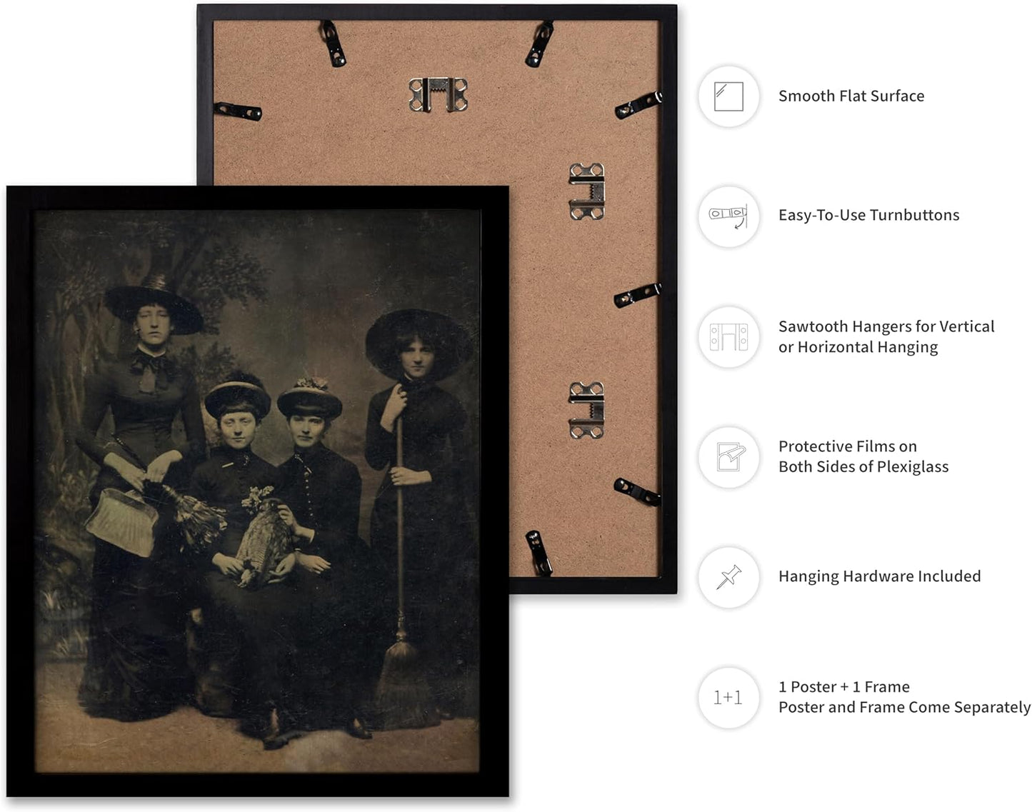 Poster Master Vintage Photograph Poster - Retro Halloween Print - Gift for Artist, Friend - Four Witches Wearing Robes, Sabbath, Coven, Sorcery - Wall Decor for Home, Office, 16x20 Black Framed