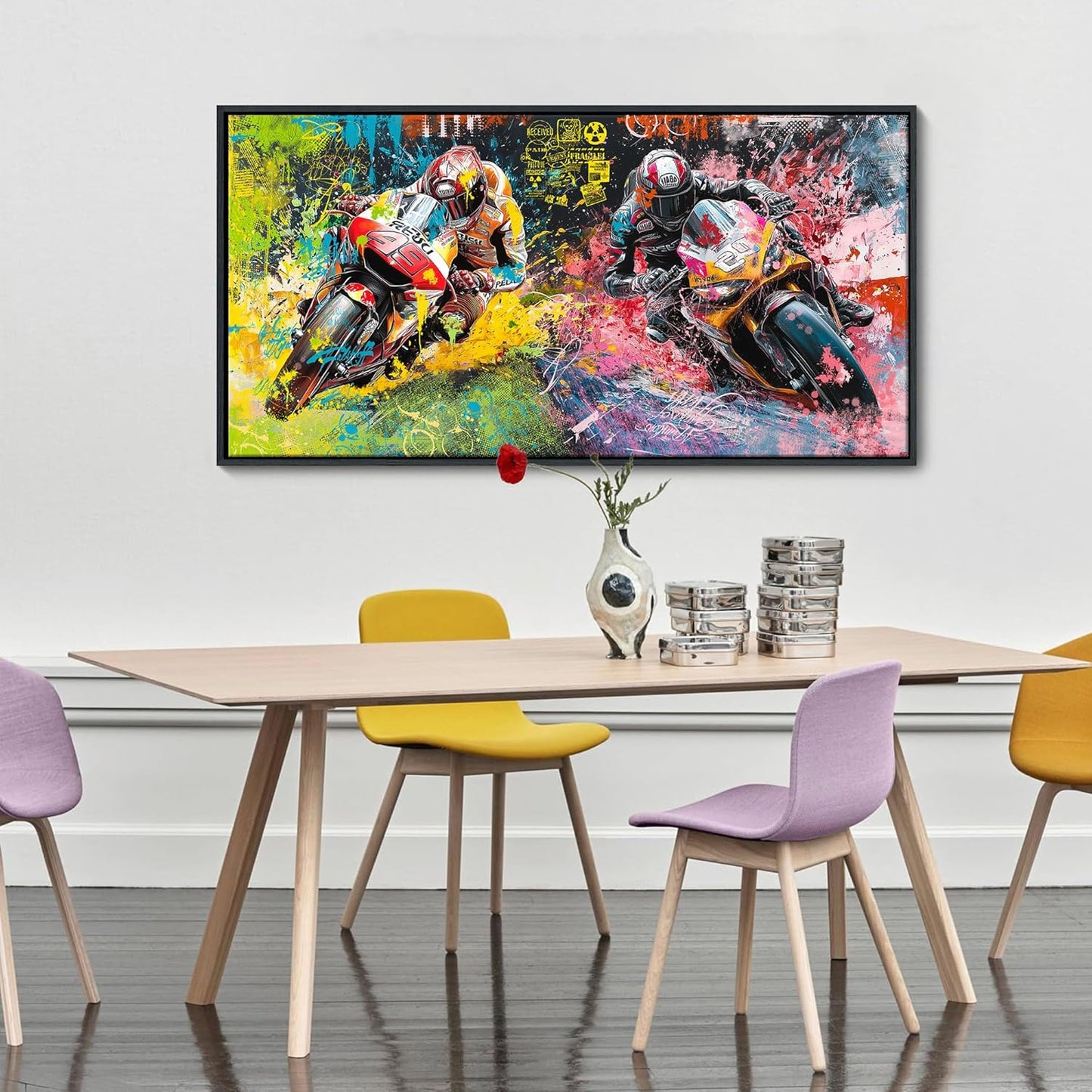 JEAWA Framed Canvas Wall Art - 24x48 In Large Abstract Painting Decor, Motorcycle Racing Color Graffiti Pictures, Modern Art Prints for Bedroom Living Room Bathroom Home Decoration