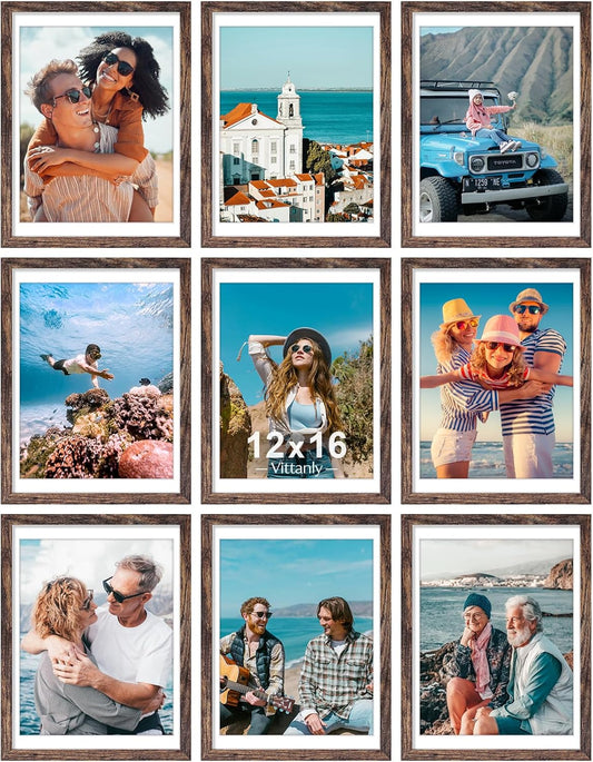 Vittanly 12x16 Picture Frames Set of 9, Shatter Resistant Plexiglass, Display 11x14 Pictures with Mat or 12x16 without Mat, Photo Frames for Wall Mount, Engineered Wood, Brown