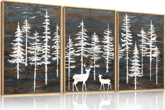 Modern White Forest Framed Canvas Wall Art Set, Minimalist Woodland Art Painting, Retro Tree Landscape Wall Decor, Wildland Deer Artwork for Living Room, Dining Room, Office - 16"x24"x3