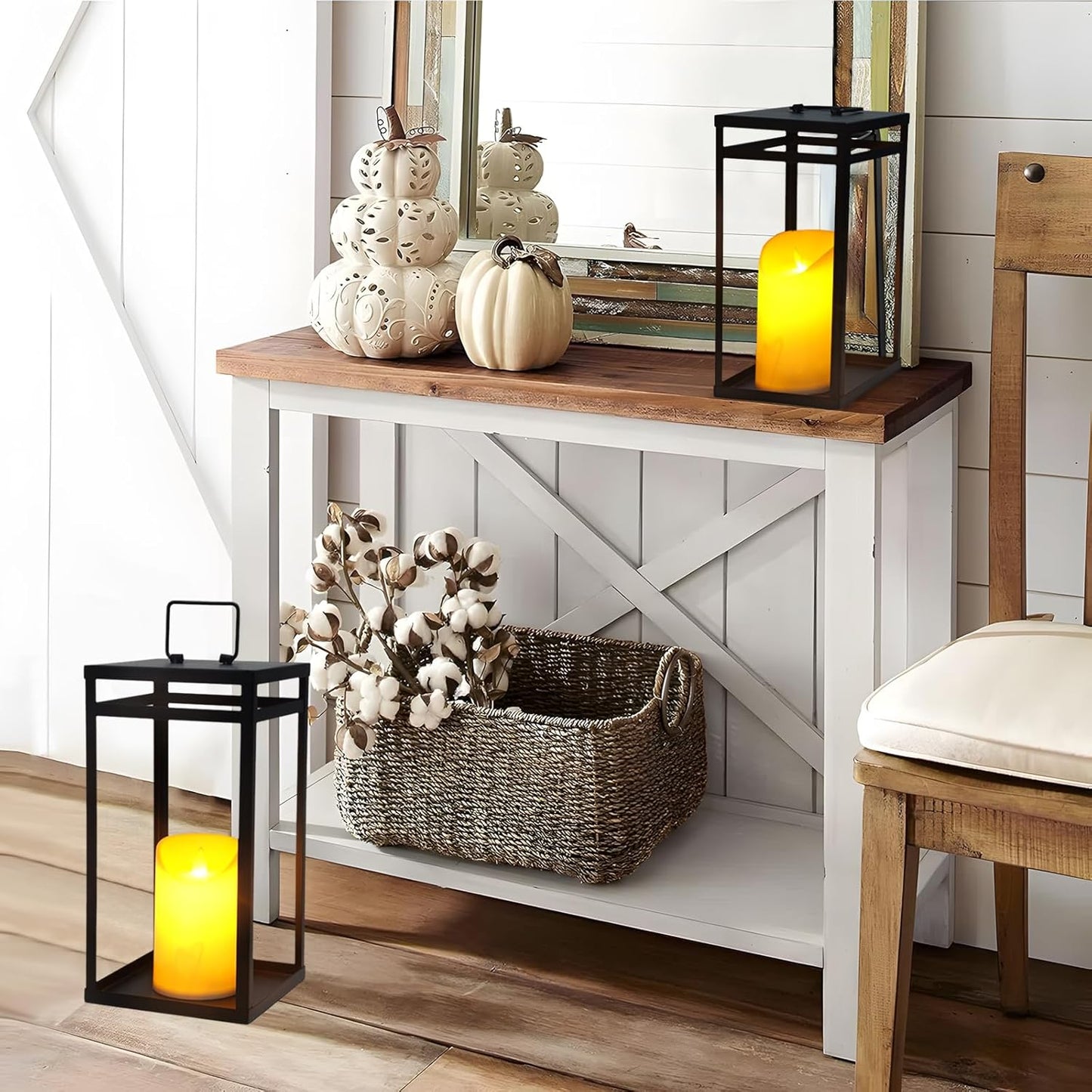 Modern Farmhouse Lantern Decor, 2Pcs Metal Candle Lanterns with Flameless Candles Black Decorative Lantern for Front Porch Covered Patio Dining Table Entryway Table Wedding Home Decor