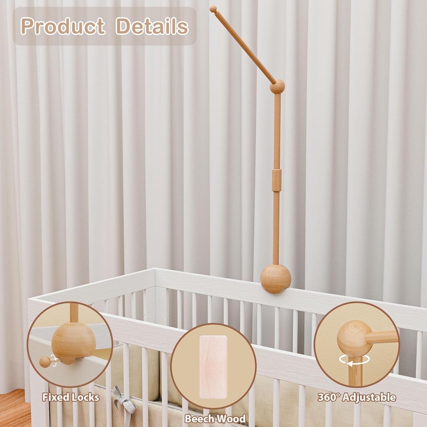 Baby Crib Mobile Arm,32.5 Inch Crib Mobile Stand,Wooden Mobile Arm for Crib（2 Modes, 360°Adjustable,100% Beech Wood Boy Girl Mobile Holder for Crib Nursery Decor Baby Mobile Hanger