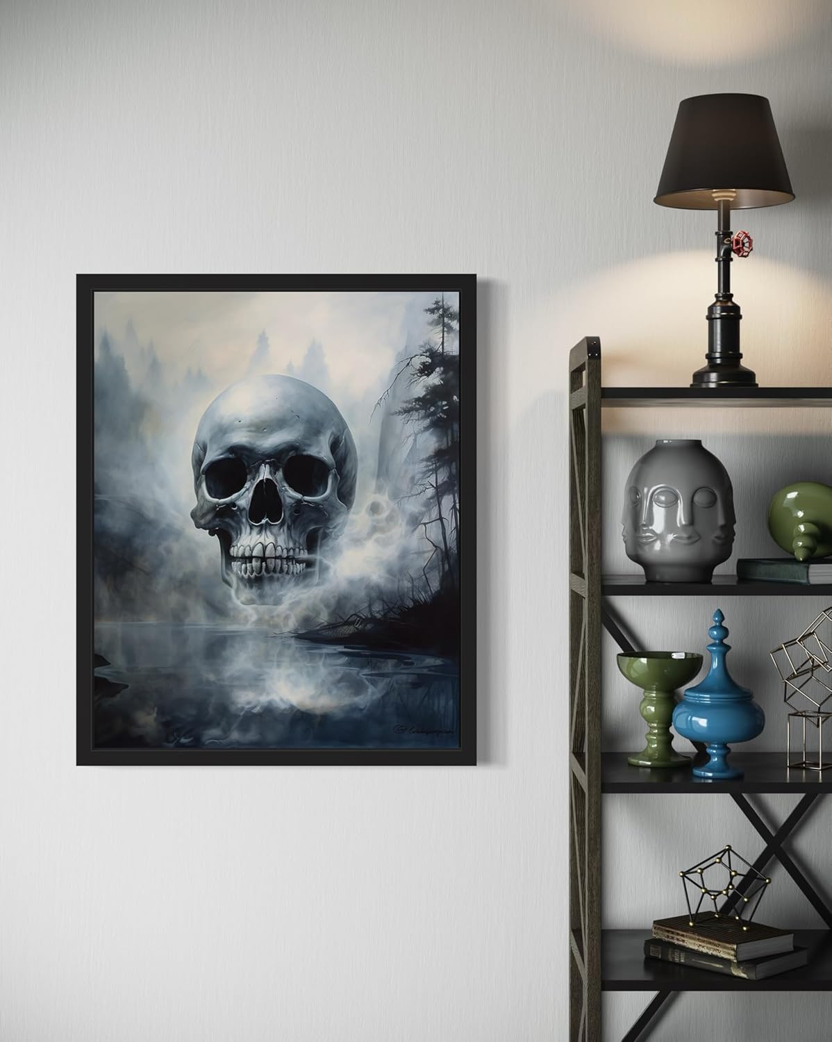 Foggy Skull Poster Art Print, Halloween Scary Vintage Wall Art Academia Spooky Painting Decoration for Horror Prints, Gothic Posters Bedroom Decor 89 (Foggy Skull, 16 x 20 inches, Black Frame)