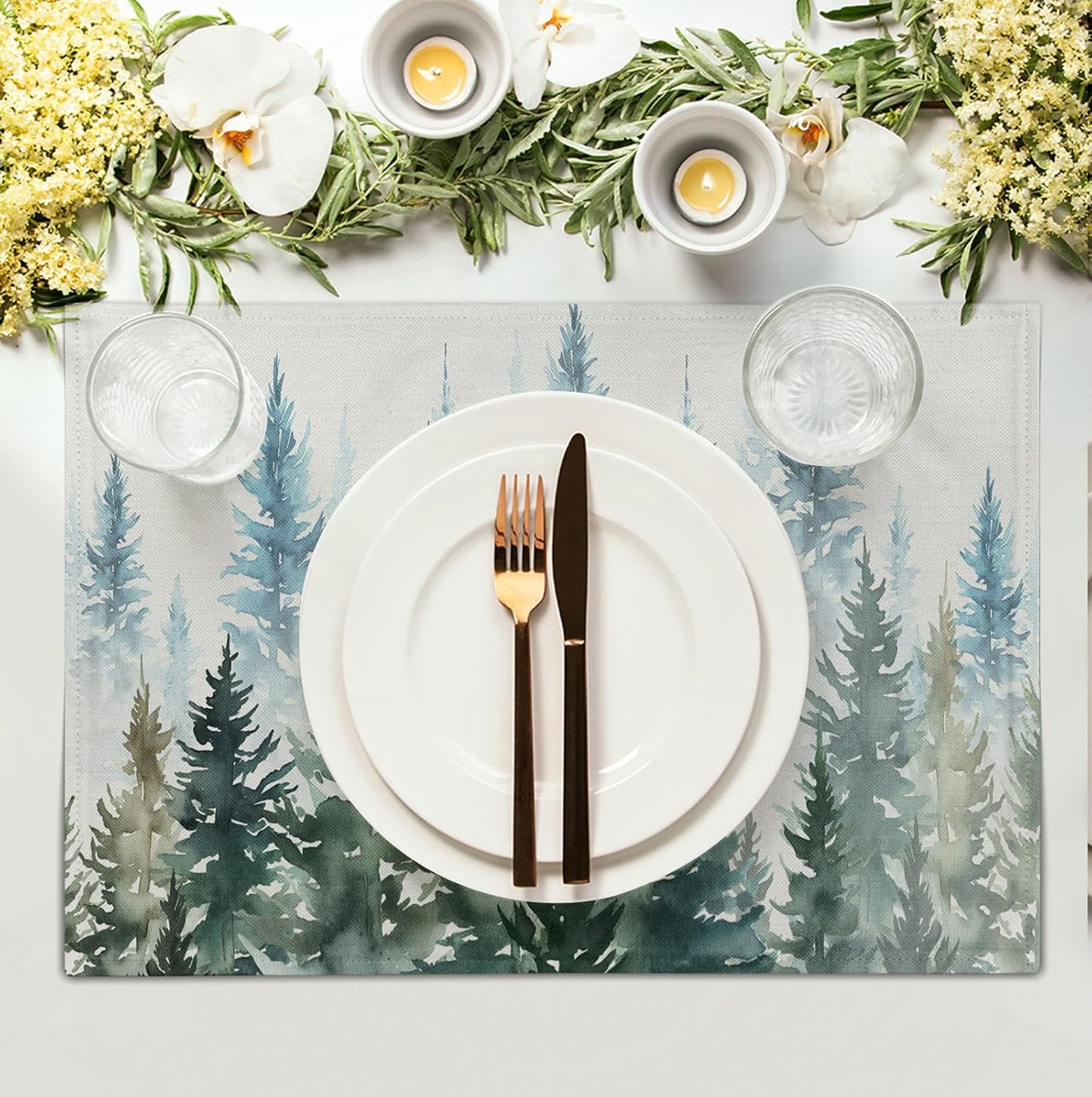 Watercolor Dark Green Tree Table Mats Set of 4 Rustic Nature Forest Pine Tree Placemats Seasonal Winter Holiday Place Mat Farmhouse Washable Linen Placemat for Dining Table Kitchen Christmas Decor