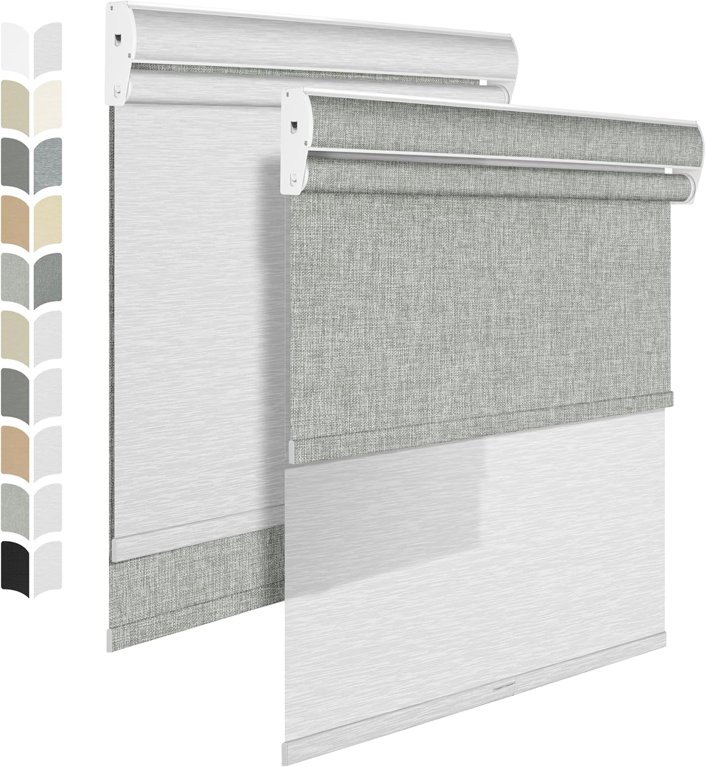 BERISSA Dual Roller Shades with Cassette Valance - Double Window Blackout and Light Filtering Shades - Day and Night for Home Office and Door - Linen Grey and White - 60 W x 86" H