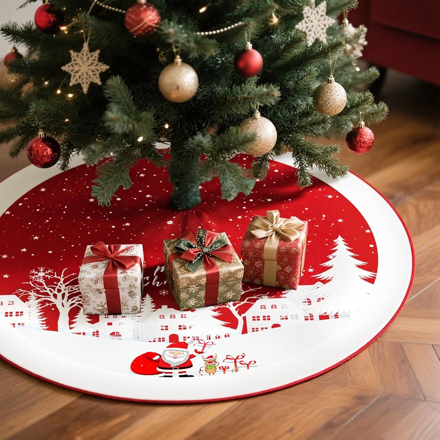 Christmas Tree Skirt 48 Inches Red Xmas Soft Cover Mat Decor Retro Xmas Tree Skirt for New Year Holiday Ornaments Indoor Outdoor Decorations (Merry Chrismas)