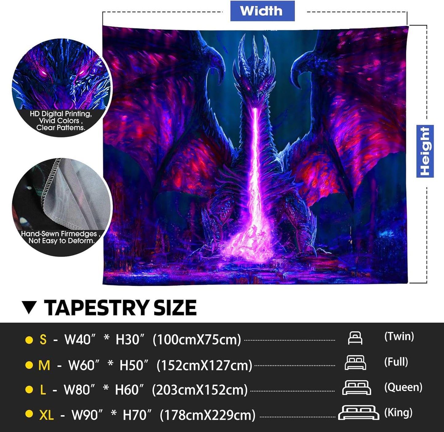 ADDWel Blacklight Dragon Tapestry, Cool Evil-Dragon Tapestry Glow In The Dark, UV Reactive Black Light Posters Wall Hanging for Bedroom Dorm Living Room Backdrop Decor
