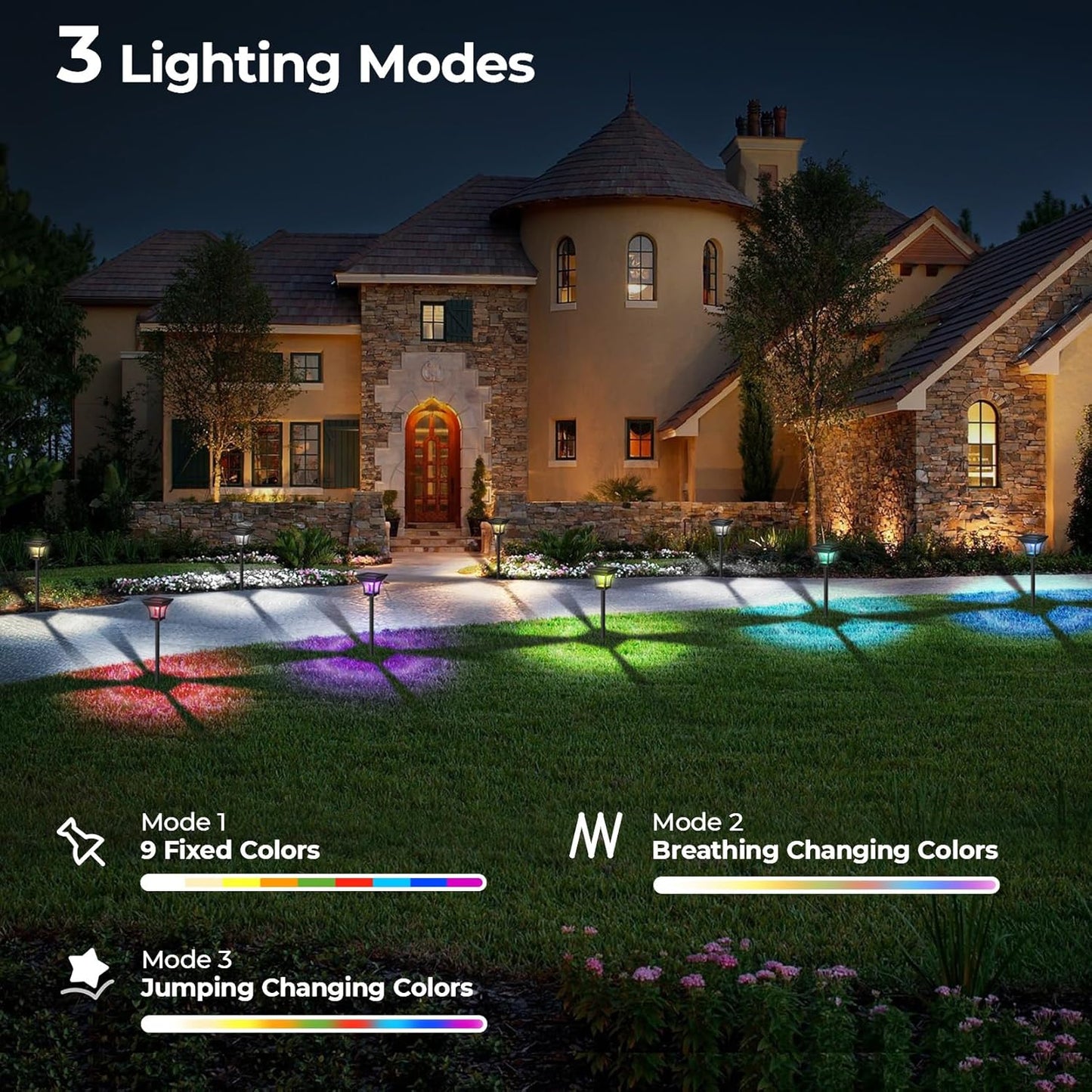 CINOTON 12 Pack RGBCW Solar Pathway Outdoor Lights, 3 Lighting Modes Solar LED Garden Lights, IP65 Waterproof Outside Solar Powered Landscape Lighting for Planter Lawn Pool Balcony RGB/Warm/Cold White