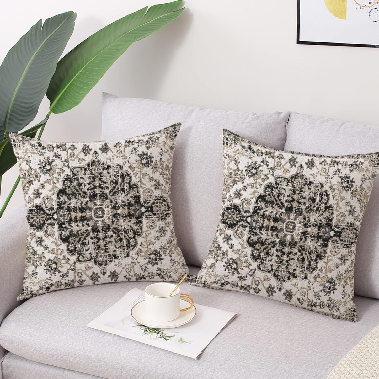 Waterproof Throw Pillow Covers 20X20 Inch Set of 2 Bohemian Vintage Carpet Pattern Black Grey Ethnic Design Decorative Farmhouse for Couch Garden Balcony (Boho-5-2)