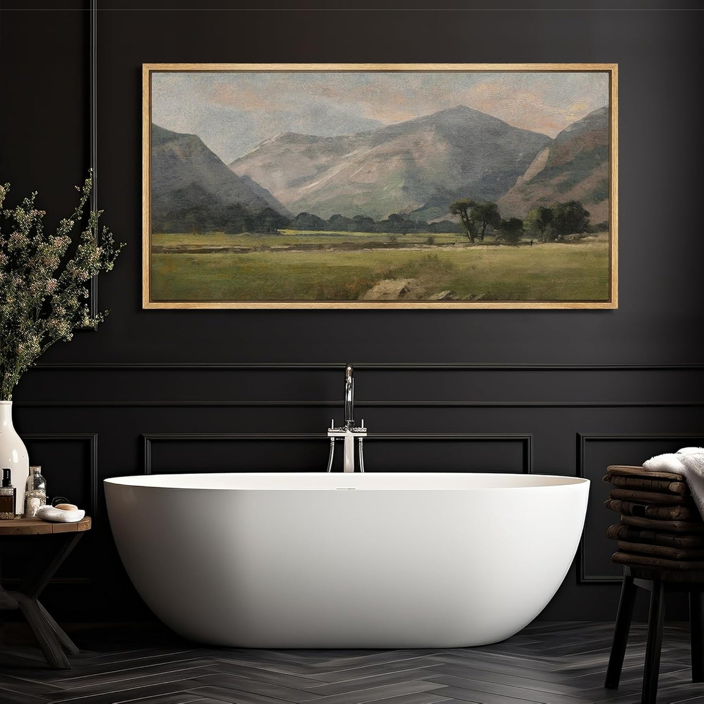 MUDECOR Extra Large Framed Canvas Print Wall Art Pastoral Beauty Classic Mountainous Landscape Illustrations Antique Retro Fine Art Illustrations Decorative Colorful for Bedroom - 60"x30"