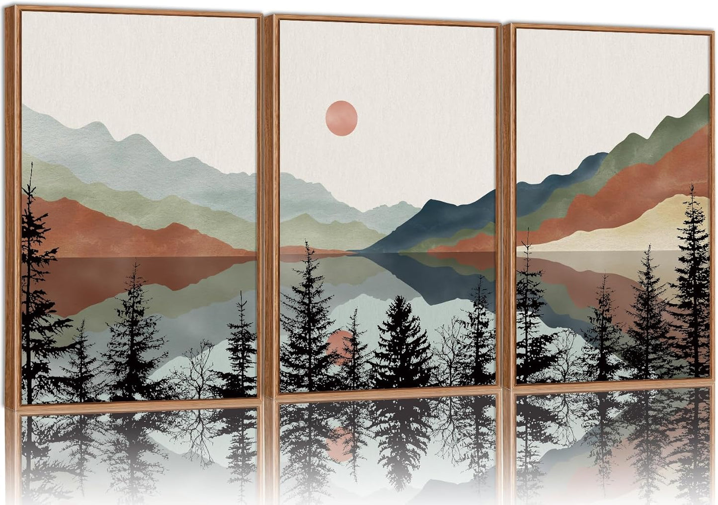 Tinonedraw Boho Mountain Framed Canvas Wall Art Set, Watercolor Nature Landscape Wall Decor, Black Pine Forest Artwork, Modern Sunrise Art Prints for Living Room, Bedroom, Office 16"x24"x3