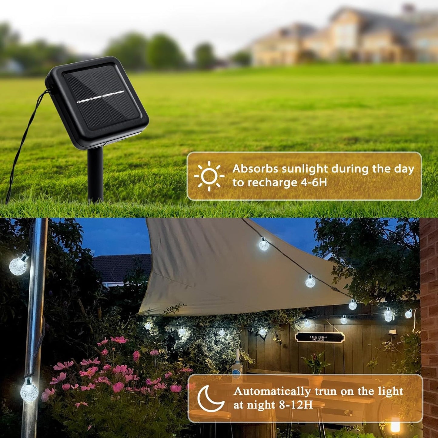 Outdoor Solar String Lights, 2x46FT 66LED 8Modes Crystal Solar Powered Christmas Fairy String Lights Waterproof for Outside Yard Fence Easter Holiday Party Garden Decor 2Pack(Pure White)