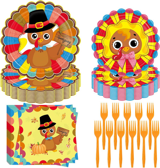 Turkey Thanksgiving Party Supplies - 96 Pcs Fall Decorations Set With Paper Plates, Napkins, Forks - Autumn Disposable Tableware for Harvest Party