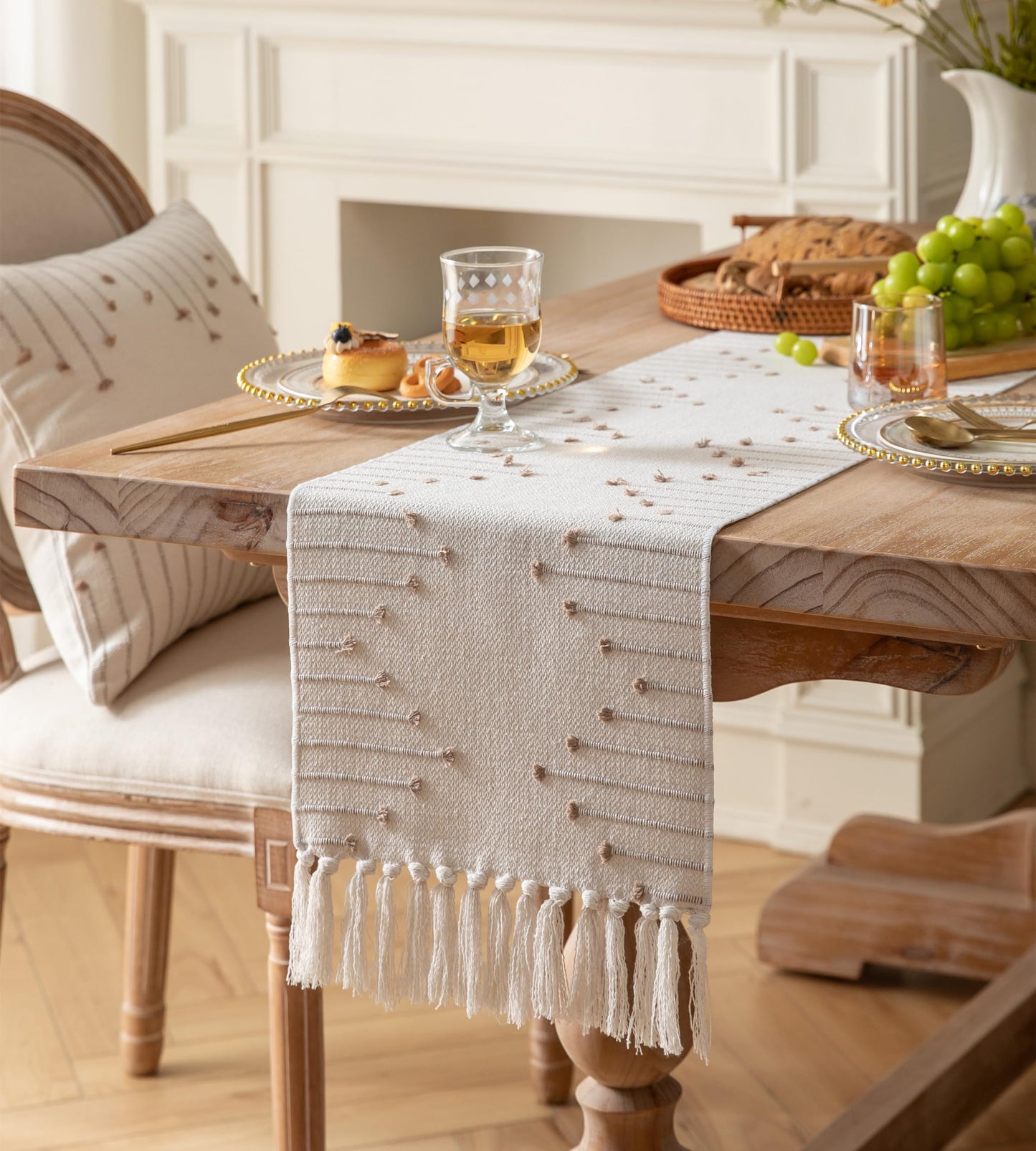 Boho Farmhouse Taupe & Beige Table Runner – Natural Cotton Woven Runner with Tassels – Modern Decor for Dining/Coffee Table – Available in 5 Sizes!