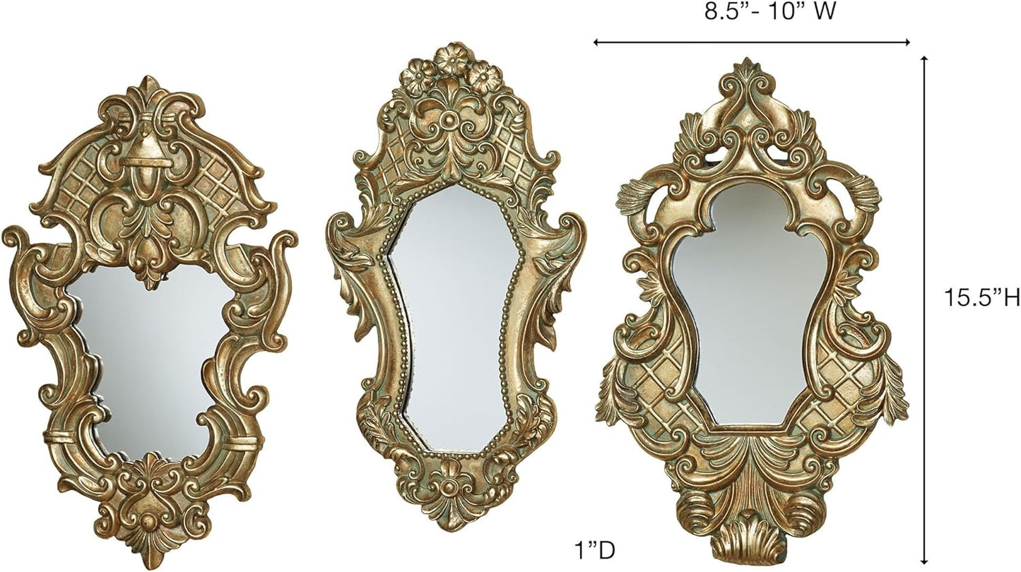 Lattice Scroll Gold Traditional Classic Wall Mirrors | Set of Three | Vintage Accent Hanging Mirror for Bedroom, Living Room, Office, Hallway | Victorian Style Decor
