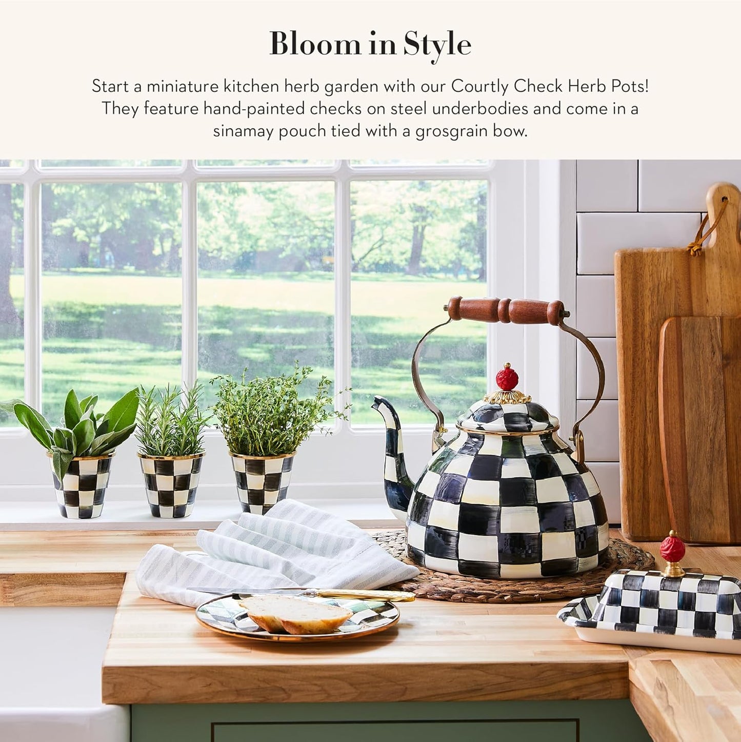 MACKENZIE-CHILDS Enamel Herb Pots, Small Plant Pots for Herbs or Flowers, Set of 3, Black-and-White Courtly Check