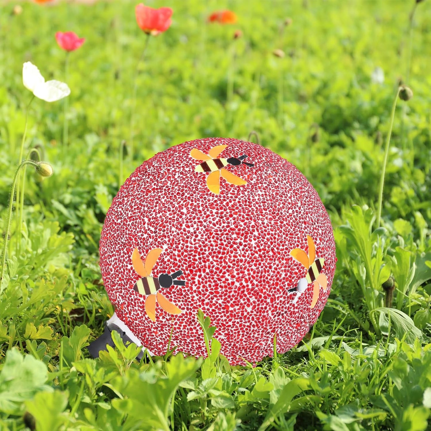 Gazing Ball 8 Inch Bee Glass Mosaic Garden Globe Outdoor Gazing Globe Yard Ornament for Garden Yard Home Lawn Outdoor Decoration Gift for Women (Not Solar Powered)
