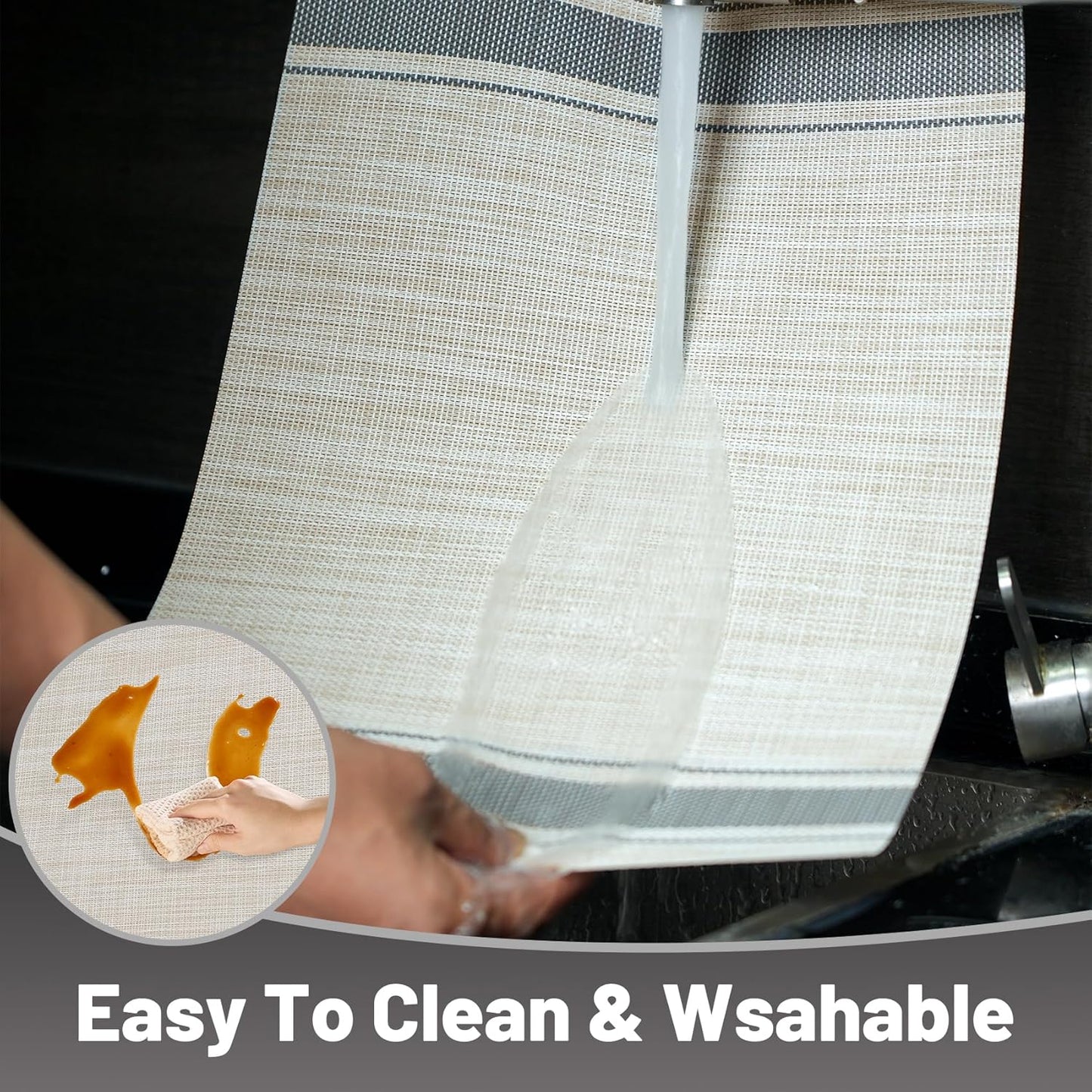 Placemats Set of 6，Non-Slip PVC Weave Table Mats Easy to Clean，Heat Resistant Place Mats for Kitchen Dining Table Decoration Indoor Outdoor，Khaki Gray