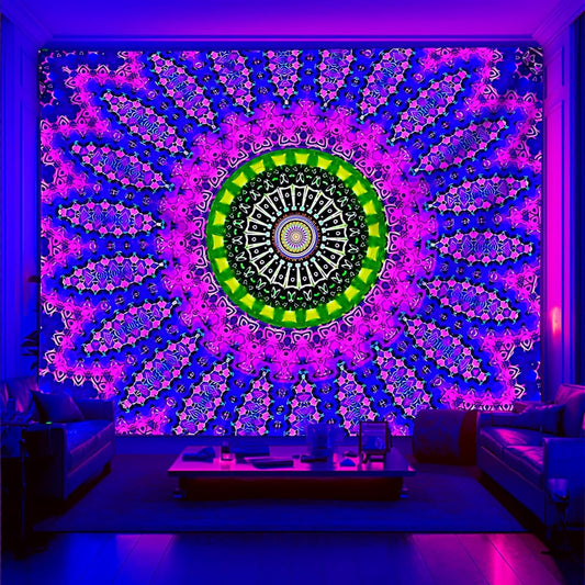 Blacklight Mandala Tapestry for Bedroom, Black Light Posters for Adults and Teens, Red UV Reactive Aesthetic Bohemian Wall Art Decor (40 x 30 Inches)