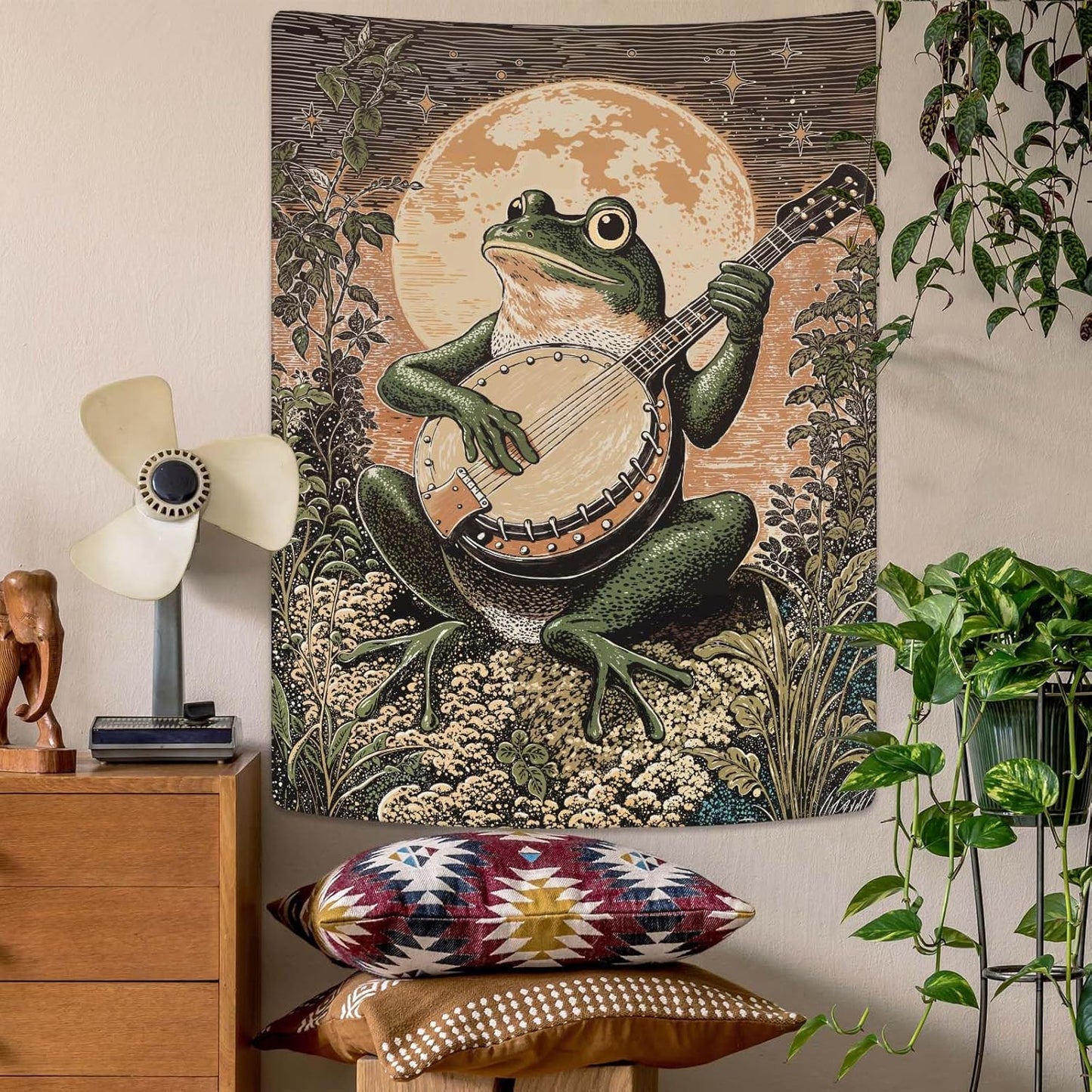 Lunerfex Moonlit Banjo Frog Wall Tapestry, Whimsical Amphibian Musician Tapestries for Room Decor, Folk Art Tapestry 60L x 80W