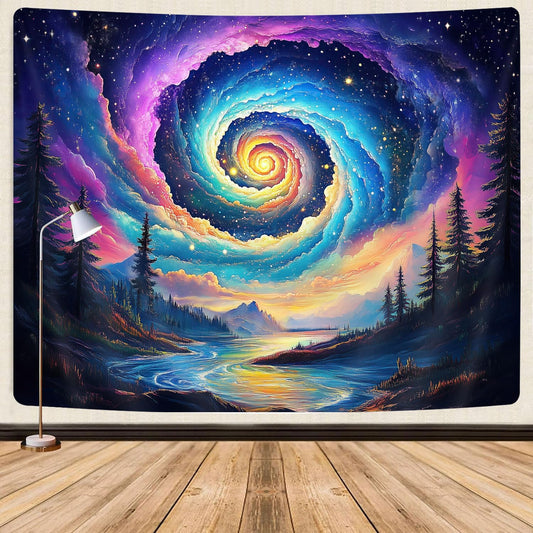 Galaxy Space Tapestry, Cool Colorful Trippy Forest Mountain River Aesthetic Tapestries, Psychedelic Starry Sky Swirls Misty Fantasy Landscape Tapestry Wall Hanging College Bedroom for Guys Men 80X60
