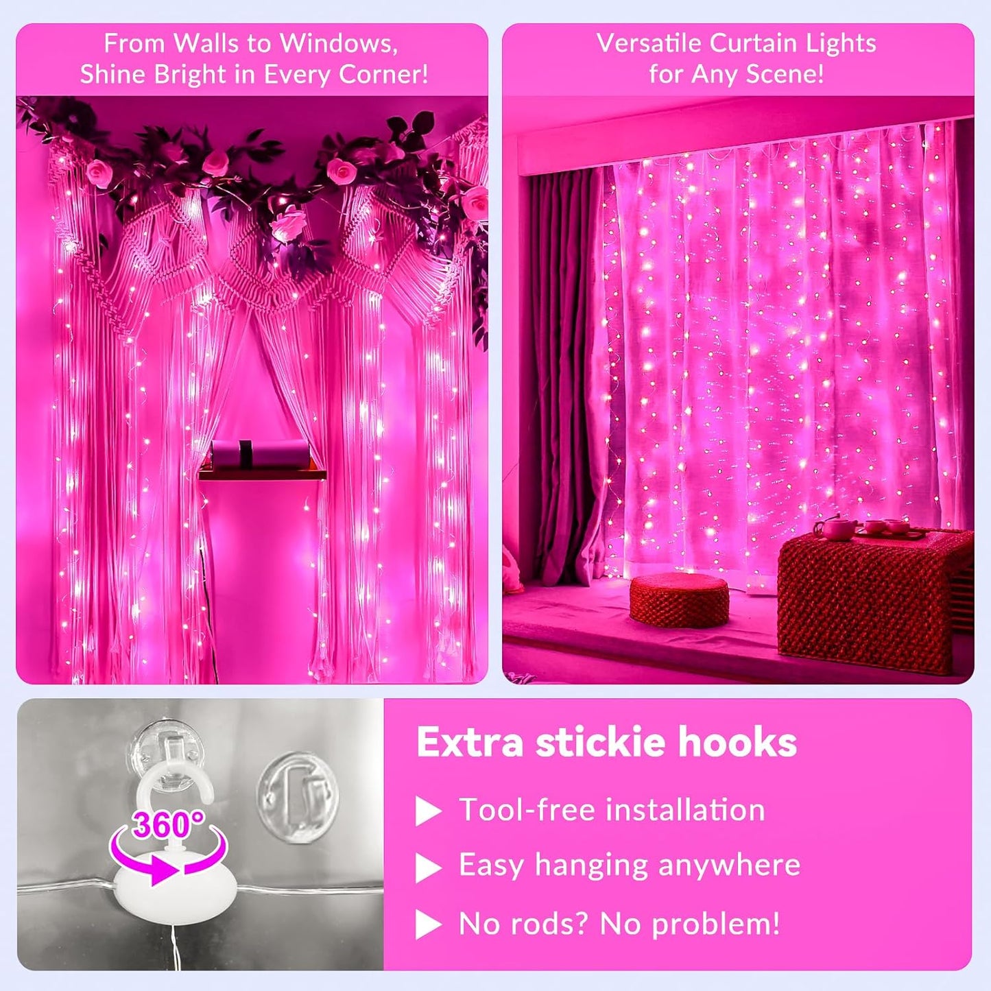 HXWEIYE 300LED Pink Fairy Curtain Hanging Lights with Remote 8 Modes Timer for Bedroom, 9.8x9.8Ft USB Plug in Christmas Fairy String Lights for Outdoor, Weddings, Party, Garden, Wall, Decorations