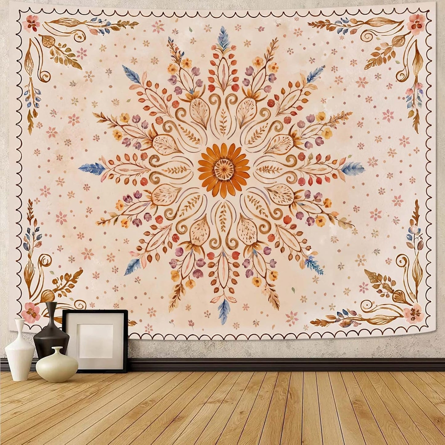 Fowocu Boho Floral Mandala Tapestry for Bedroom Aesthetic Watercolor Bohemian Flower Wall Tapestry Brown Beige Hippie Indian Small Tapestries Wall Hanging for Living Room Dorm Decor 40 x 30 Inch