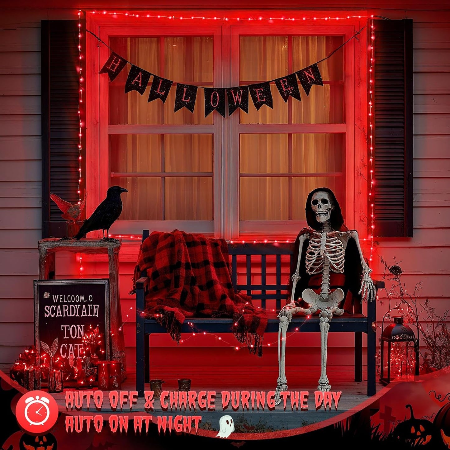 JMEXSUSS 2 Pack Red Solar Lights Outdoor Waterproof, Each 33FT 100 LED Red Halloween Lights, Solar Fairy String Light for Outside Tree Party Patio Christmas Halloween Decorations