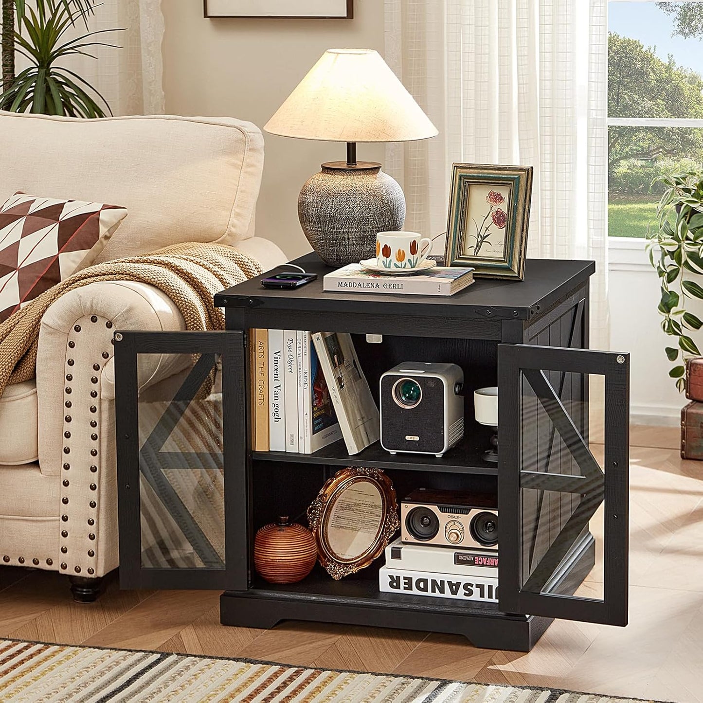 24" End Table with Charging Station, Farmhouse Night Stand with Glass Barn Door, Black Nightstands with Adjustable Storage Shelf, Large Wood Square Bed Side Table for Living Room,Bedroom