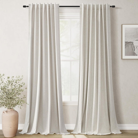 BOODII Full Blackout Curtains 90 Inches Long Room Darkening Curtain for Bedroom Sliding Door Thermal Insulated Black Out Curtains & Drapes Natural Neutral Linen 2 Panels Set Back Tab 52x90