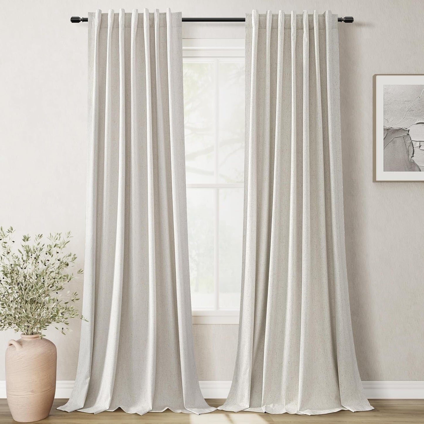 108 Inch Black Out Curtains 2 Panels Set Back Tab Thermal Insulated Natural Linen Textured Blackout Curtains Noise Reducing Cream Colored Neutral Living Room Darkening Window Drapes Pleated 52x108