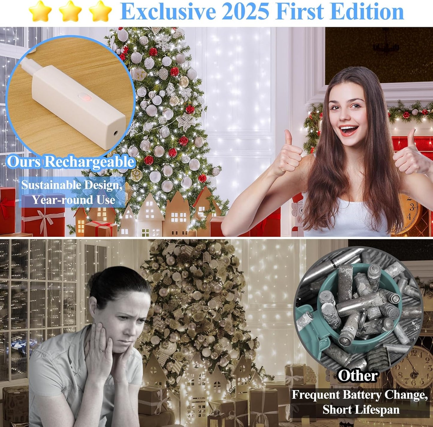 Lakumu LED String Lights Battery Operated, Rechargeable Fairy Lightswith Timer, Mini Twinkle Lights for Bedroom, Christmas Decorations, Wedding, Vine, Centerpiece Table Decor (10M/33FT Cool White)