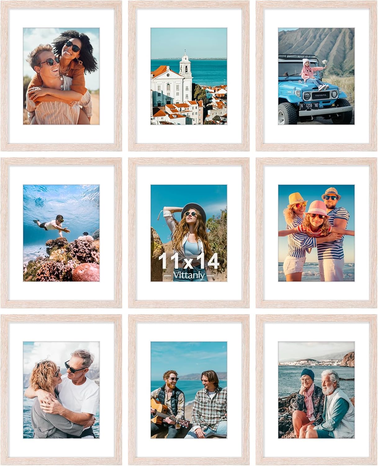 Vittanly 11x14 Picture Frames Set of 9, Shatter Resistant Plexiglass, Display 8x10 Pictures with Mat or 11x14 without Mat, Photo Frames for Wall or Tabletop, Engineered Wood, Rustic Pink