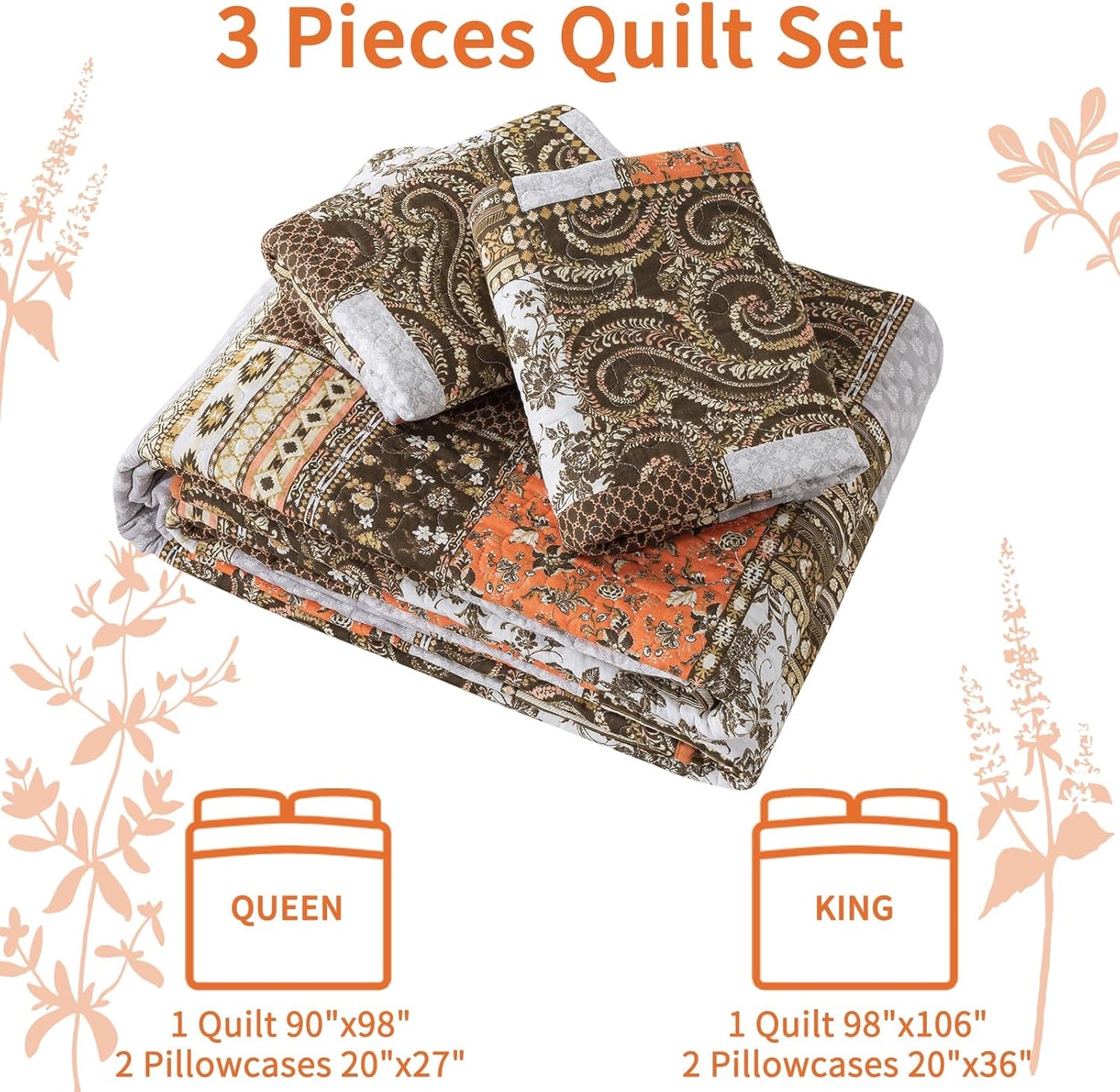 VAPUTAR Quilts King Size - Fall Cotton King Size Quilt Bedding Set, 3 Piece Lightweight Soft King Bedspreads Cotton Boho King Quilt Set, Floral Bedding Set for Farmhouse Bedroom (Dream Orange)