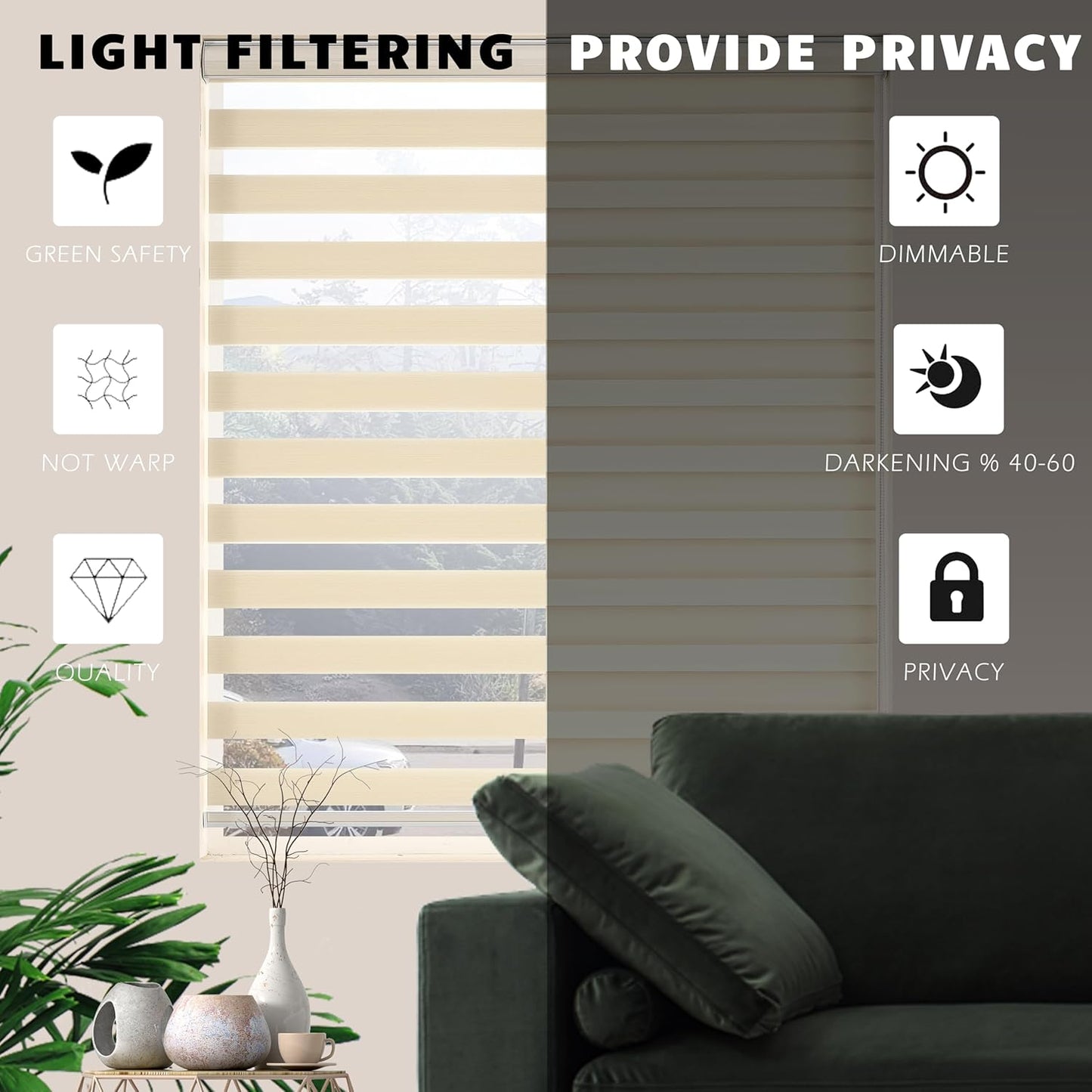 Zebra Blinds for Windows, Free-Stop Zebra Shades, Dual Layer Light Filtering Sheer Blinds for Indoor Windows, Roller Window Shades for Privacy (32" W X 72" H, Cream)