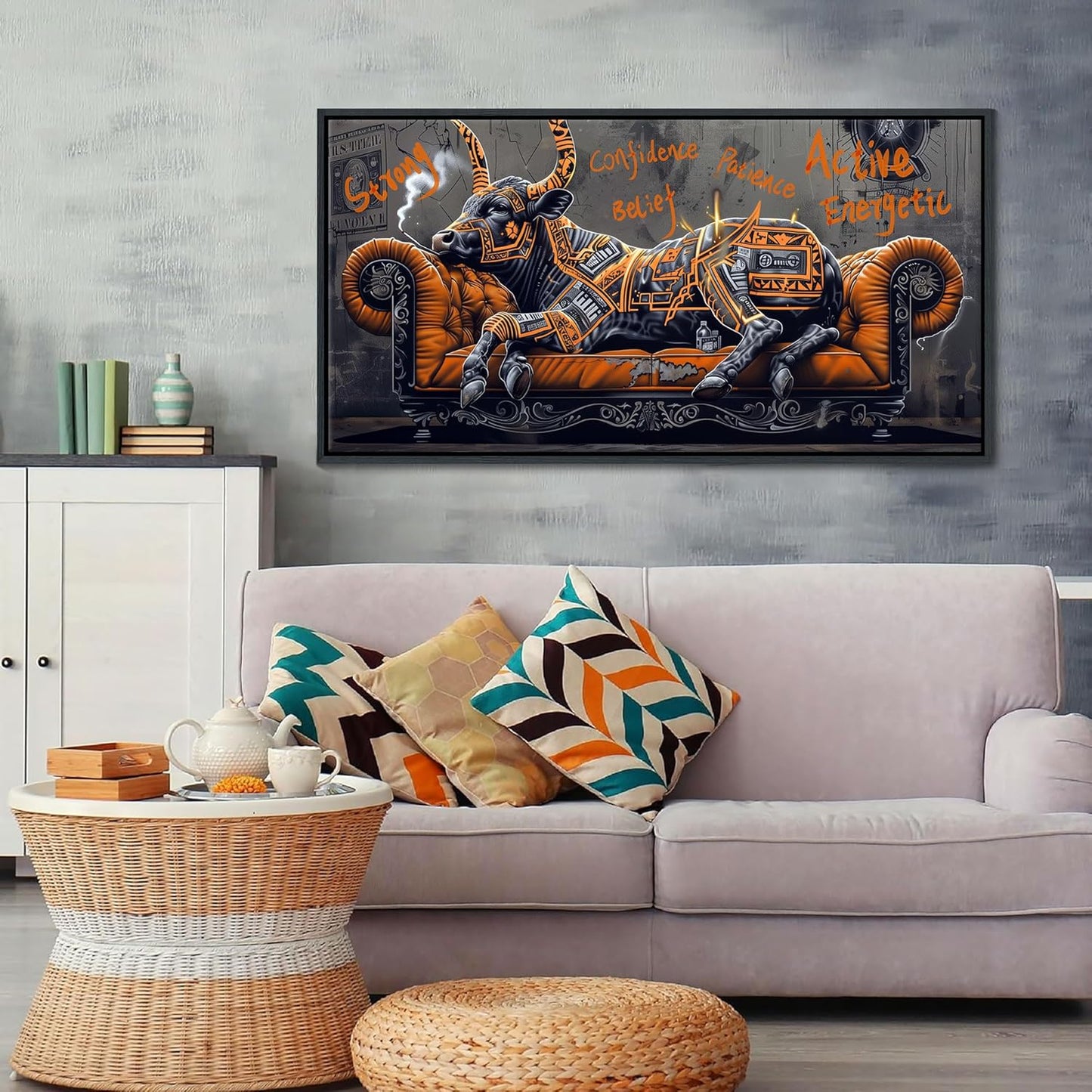 JEAWA Framed Canvas Wall Art - Creative Wall Art for Bedroom Living Room Bathroom, Modern Artwork Decor for Home Decoration, Strong Bull Color Graffiti, 20x40 IN