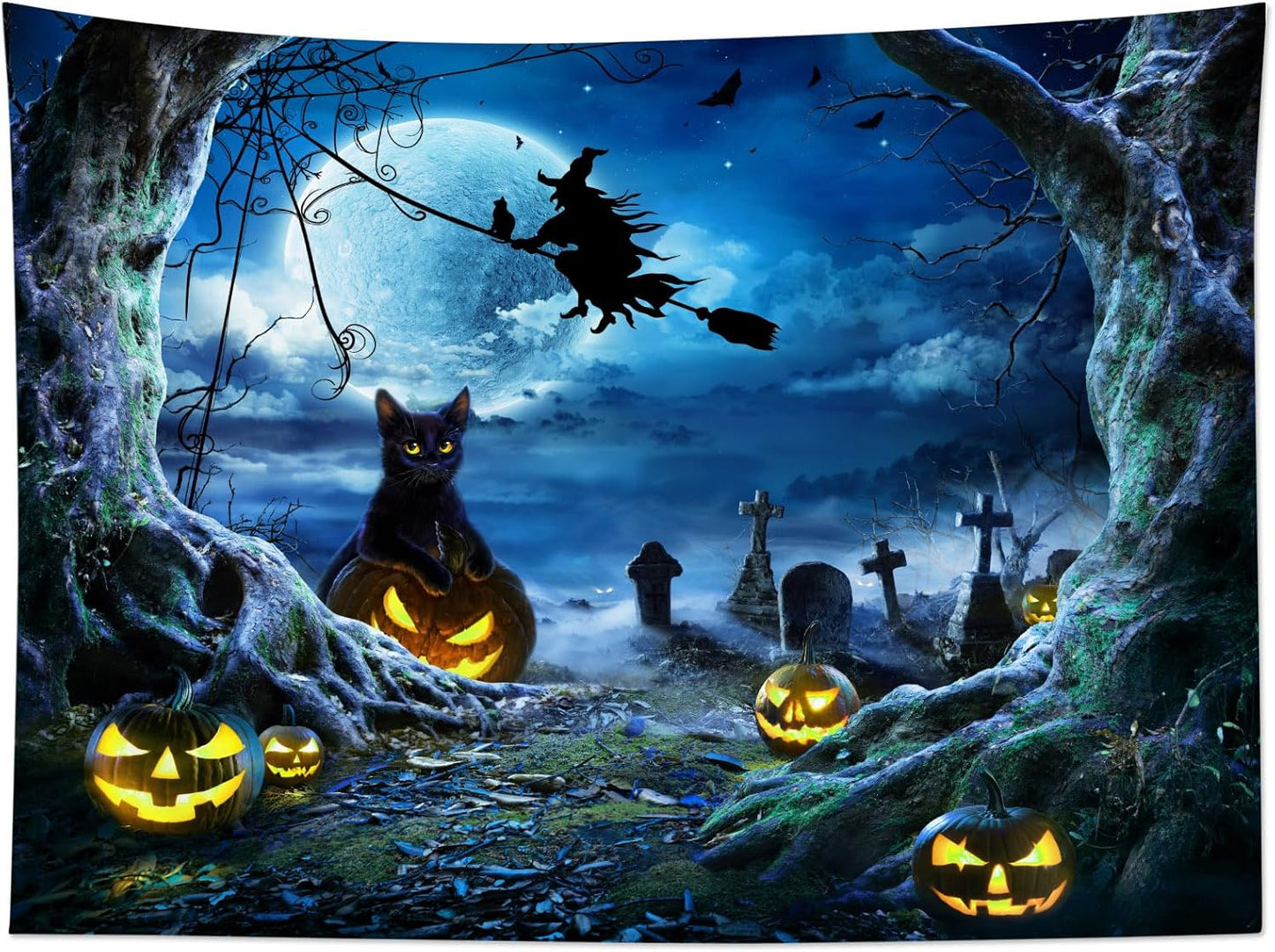 LB Halloween Wall Tapestry 80x60 Inch - Spooky Graveyard Scene with Witch, Black Cat, Pumpkin, Full Moon & Dead Tree Decor for Bedroom, Living Room, Dorm, Party