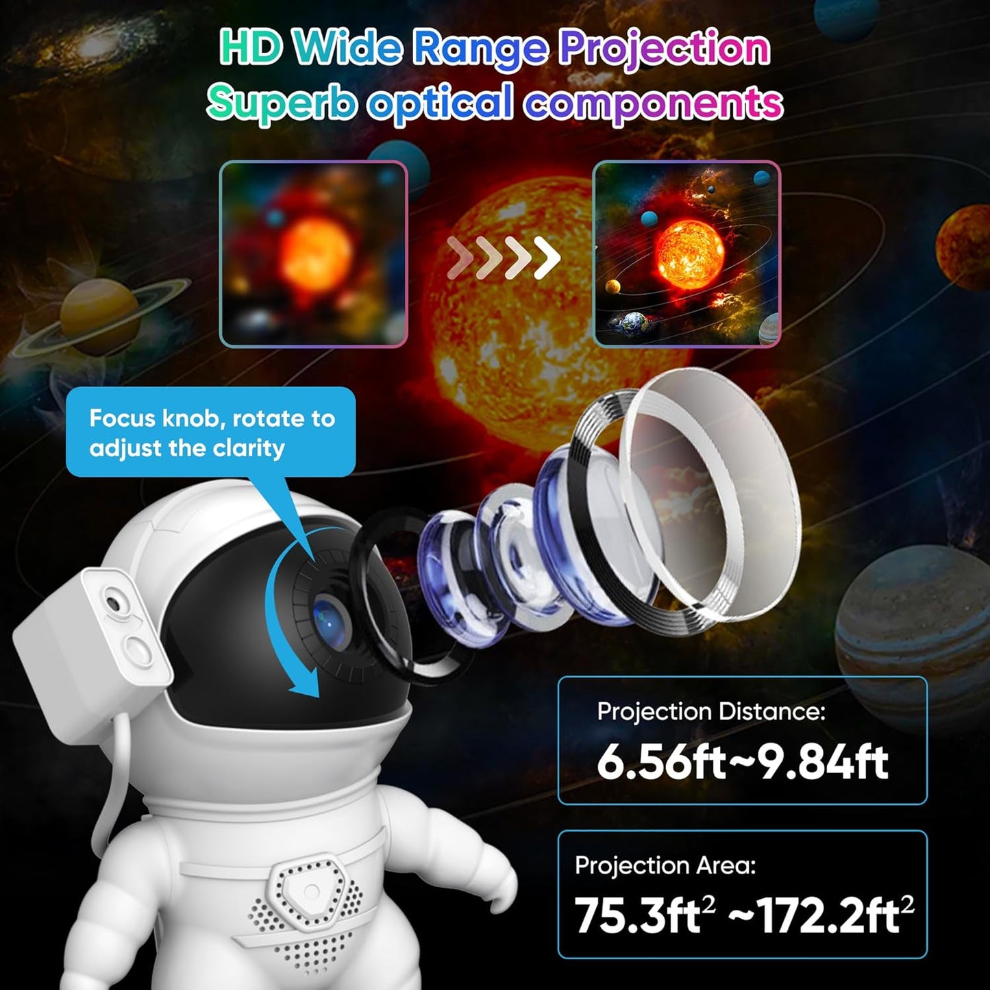 Astronaut Galaxy Projector for Bedroom with Rocket Night Light 13 Film Discs, HD Image Star Projector Galaxy Light Adjustable Knob, Planetarium Projector for Kids, 1/2h Timer Simple 4-Button Control