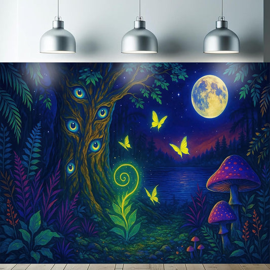 Starlit Patio Fantasy Forest Blacklight Tapestry UV Reactive Wall Hanging Glowing Tree Eyes Butterflies Mushrooms Moon for Bedroom Dorm Living Room Psychedelic Nature Decor Fluorescent Poster 78 x 59 Inch