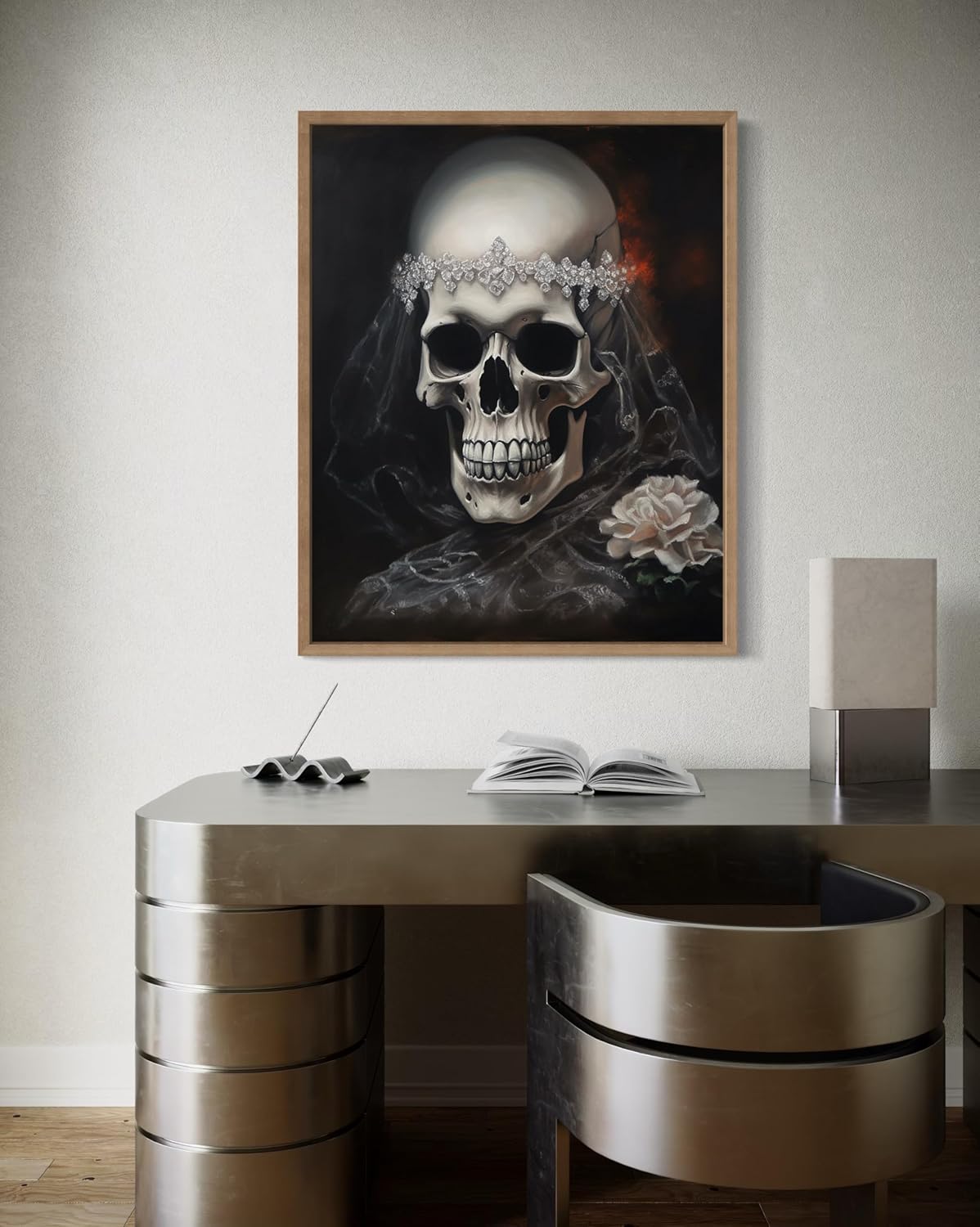 Skull Bride Poster Art Print, Halloween Scary Vintage Wall Art Academia Spooky Painting Decoration for Horror Prints, Gothic Posters Bedroom Decor 89 (Skull Bride, 11 x 14 inches, Wood Frame)
