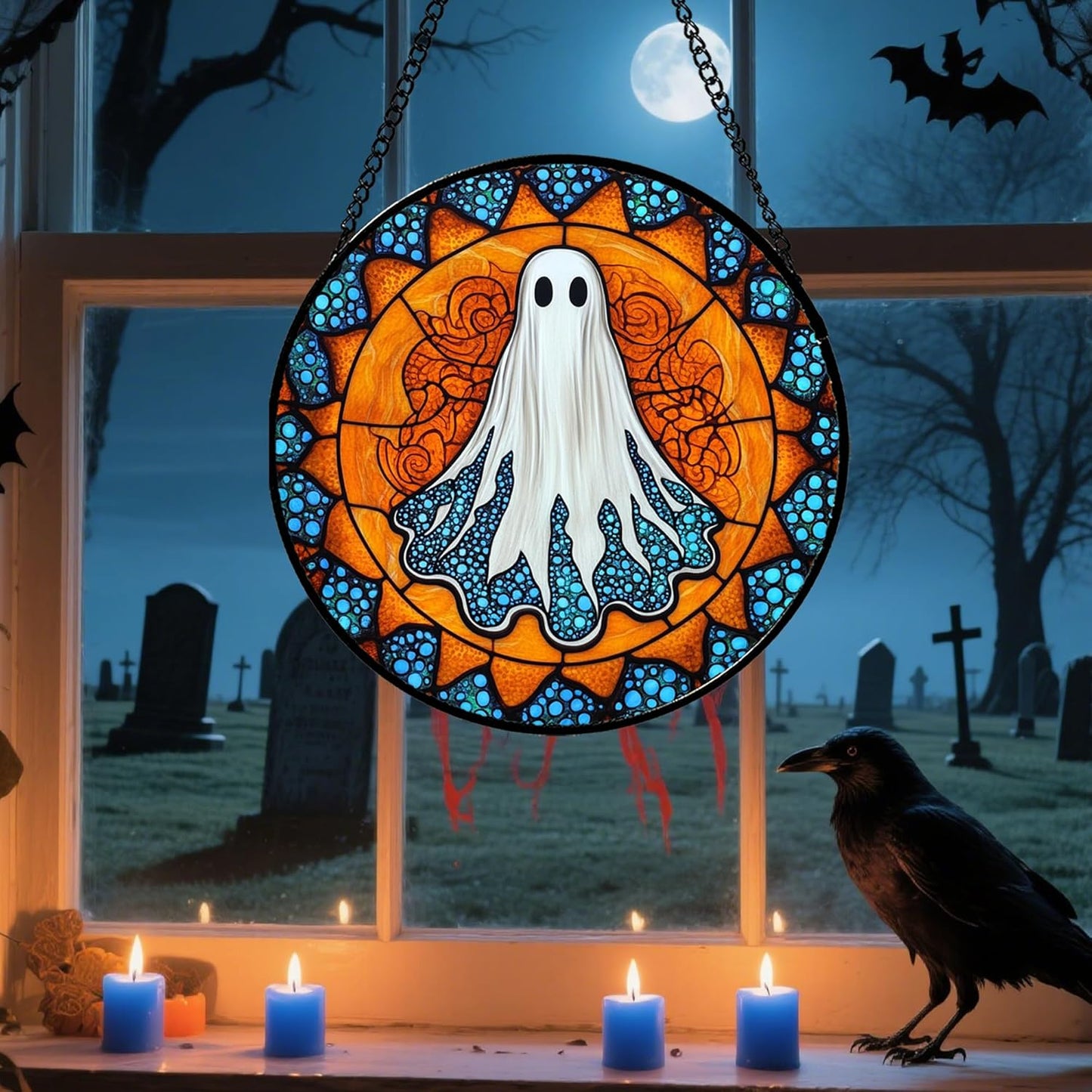 Stained Glass Window Hanging - Halloween Decorations White Ghost Suncatcher for Doors Garden Indoor Spooky Funny Blue Sun Catchers Gothic Decor Horror Gifts for Women Men Friend 7.8 in