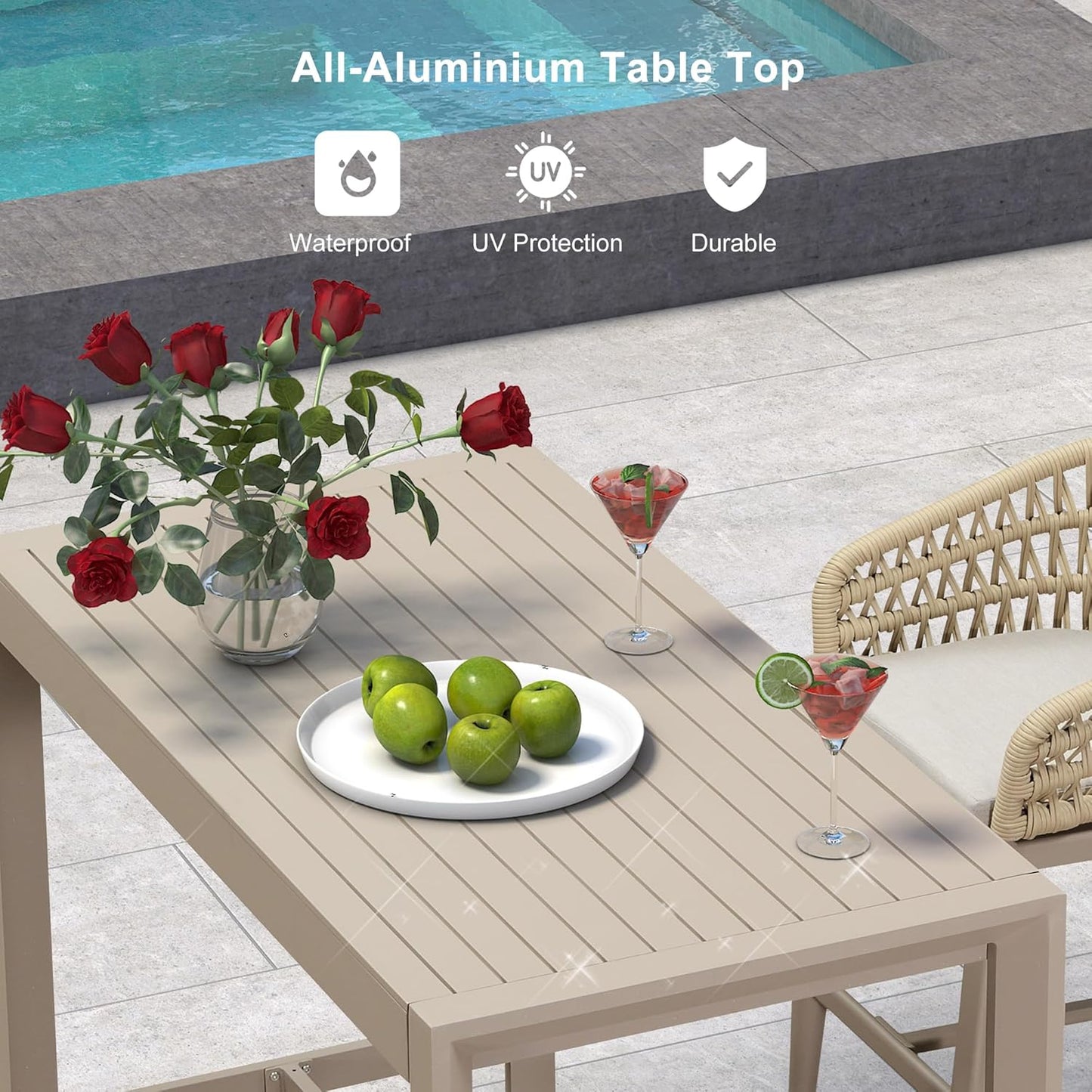 PURPLE LEAF 39.1'' Rectangle Outdoor Patio Counter Height Dining Table, Durable Aluminum Bar Height Pub Table for Counter Bar Stool, Water-Proof Tall Dining Table with Sturdy Legs, Champagne