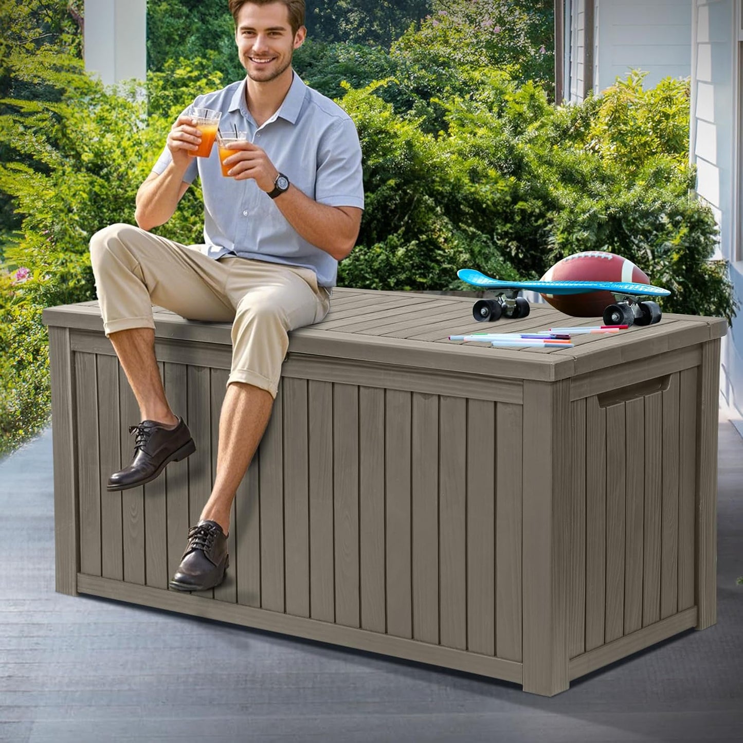 YITAHOME 180 Gallon Large Outdoor Storage XL Deck Box w/Divider for Patio Furniture,Outdoor Cushions, Garden Tools, Sports Equipment and Pool Supplies, Waterproof, Resin, Lockable, Taupe