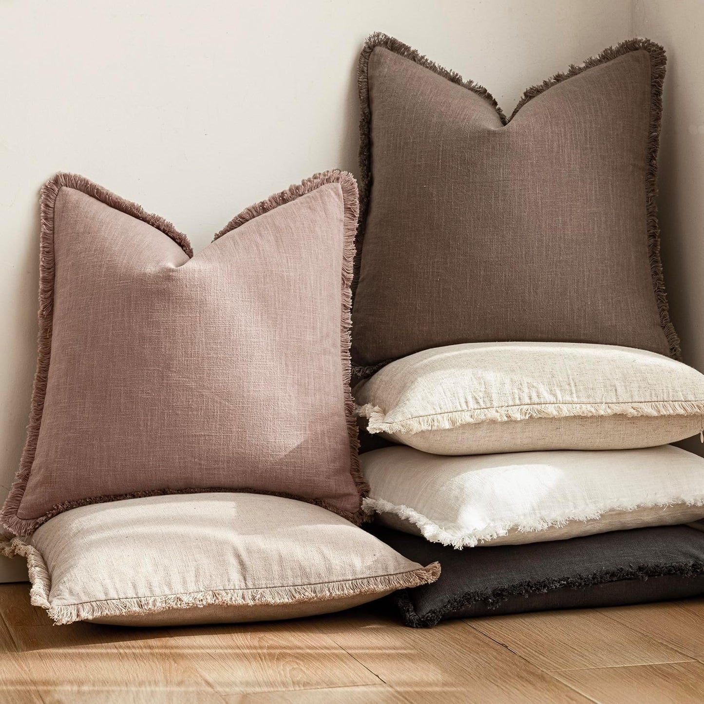 Foindtower Set of 2 Decorative Linen Fringe Throw Pillow Covers Boho Farmhouse Cushion Cover with Tassels Soft Accent Pillowcase for Couch Sofa Bed Living Room Home Decor,24×24 Inch,Dusty Pink