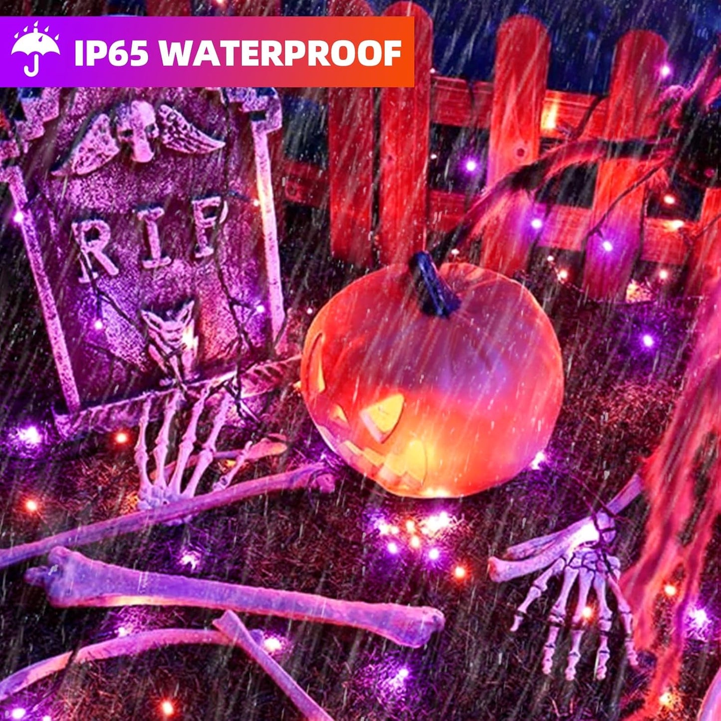 XTF2015 Halloween Lights, 105FT 300 LED Halloween String Lights with Spooky Music Motion Sensor Controller Twinkle Waterproof Purple Orange Light Plug in for Indoor Outdoor Tree Party Yard Room Decor