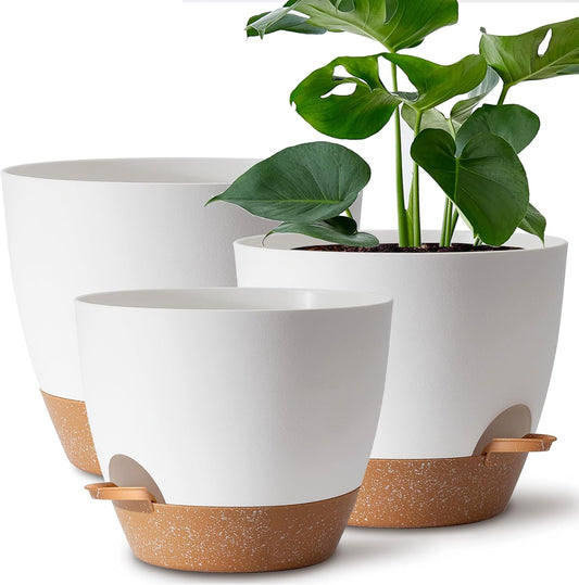 Giraffe Creation Plant Pots Set of 3 (12/10/9 inch), Self-Watering Indoor & Outdoor Flower Planters with Drainage Hole and Reservoir, White